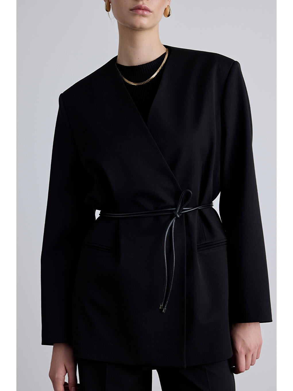 Klasik Görünüm Kemerli Blazer Ceket Siyah-2