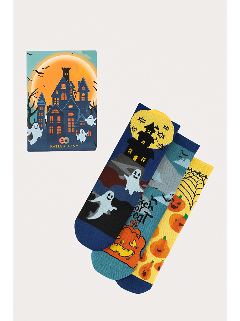 Lacivert Çocuk 3'Lü Halloween Desenli Kutulu Soket Çorap-1