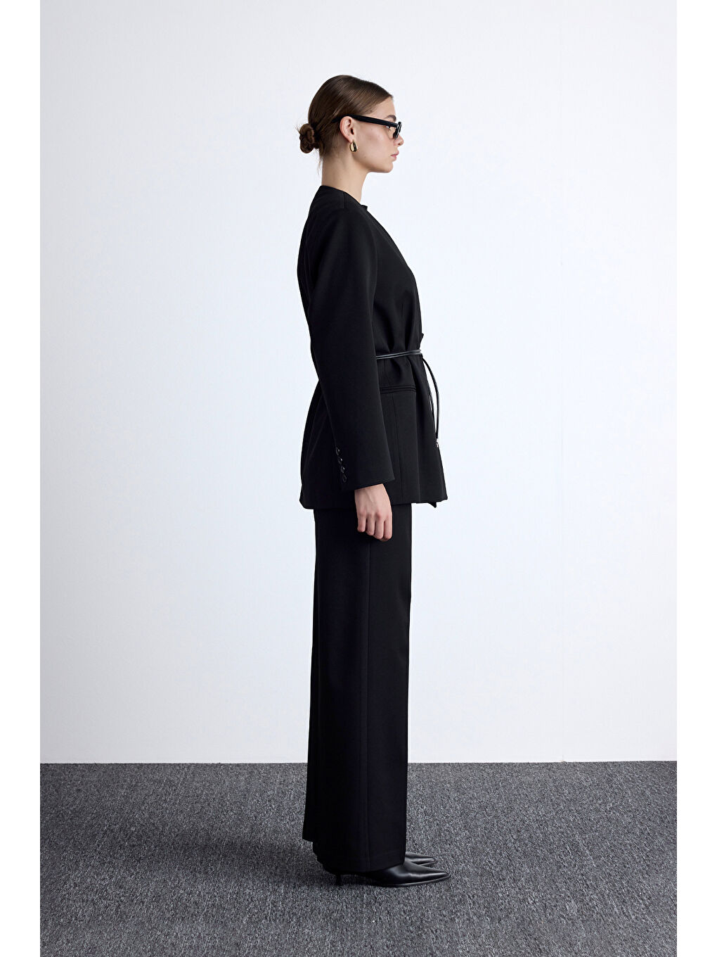 Klasik Görünüm Kemerli Blazer Ceket Siyah-3