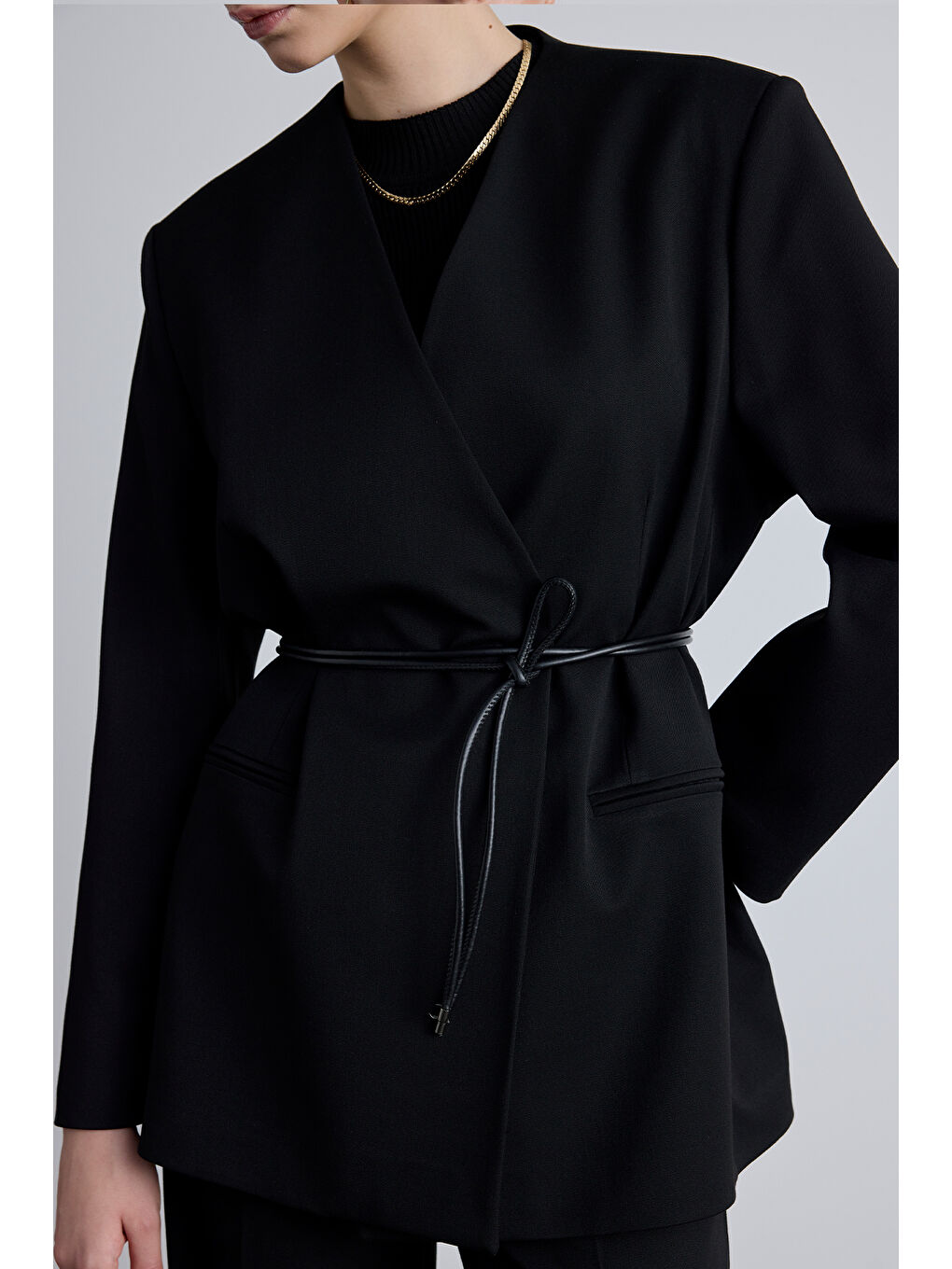 Klasik Görünüm Kemerli Blazer Ceket Siyah-4