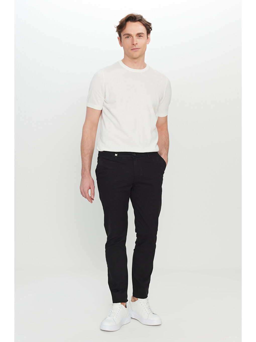 Erkek Siyah Pamuklu Slim Fit Dar Kesim Yan Cepli Esnek Pantolon