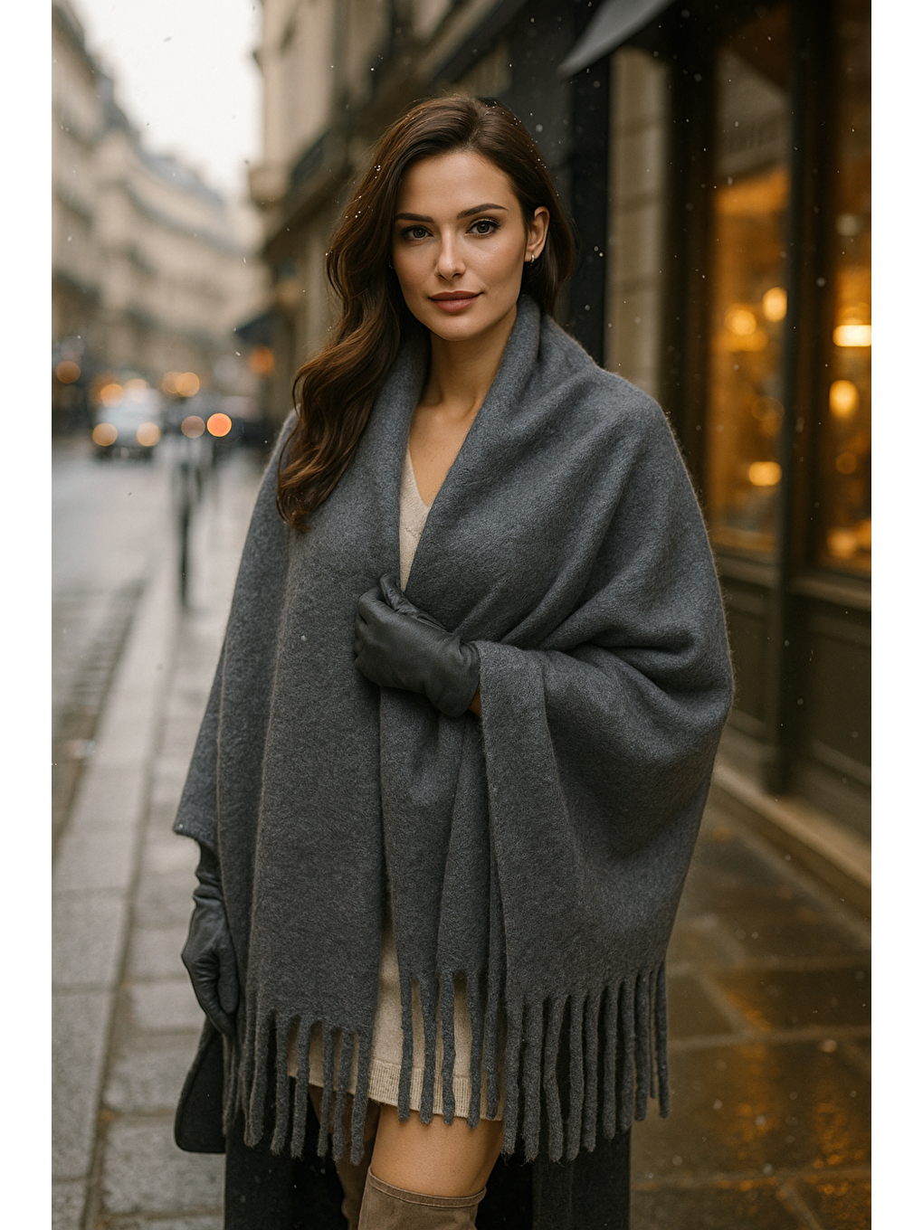 Kadın Antrasit Püsküllü İthal Atkı-Şal SAL1295