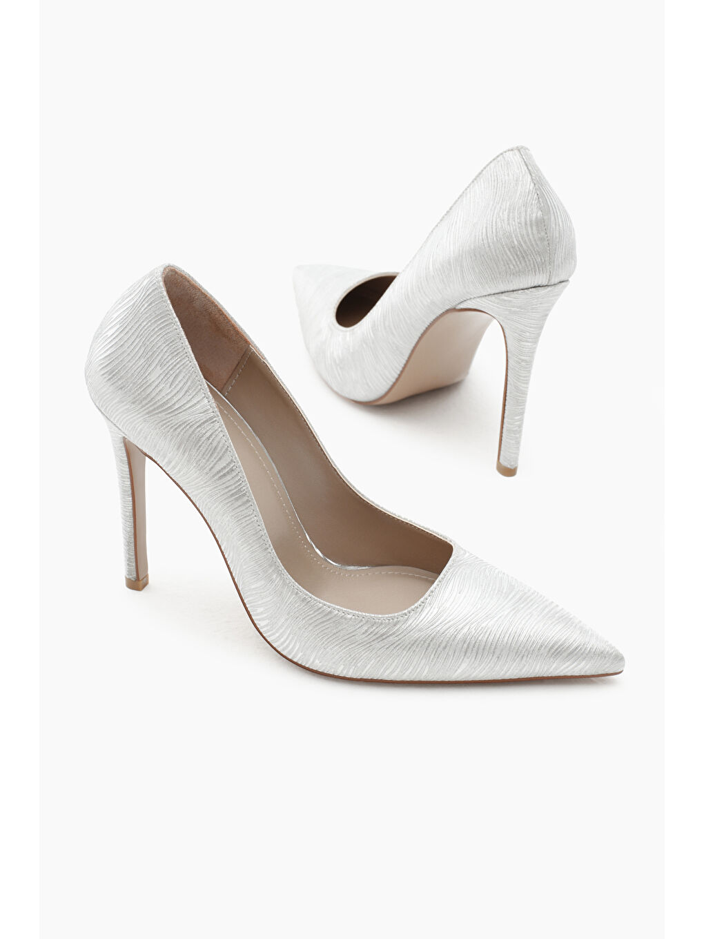 Gri Kadın Gümüş Neolit Taban Desenli Sivri Burunlu Yüksek Topuklu Ayakkabı-3