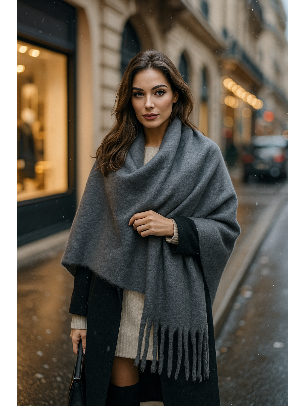 Kadın Antrasit Püsküllü İthal Atkı-Şal SAL1295-1