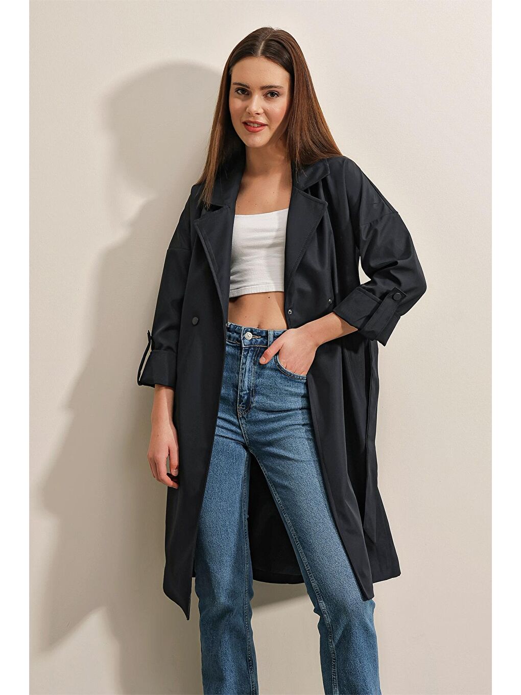 9104 Kruvaze Yaka Astarlı Trençkot - Lacivert-1