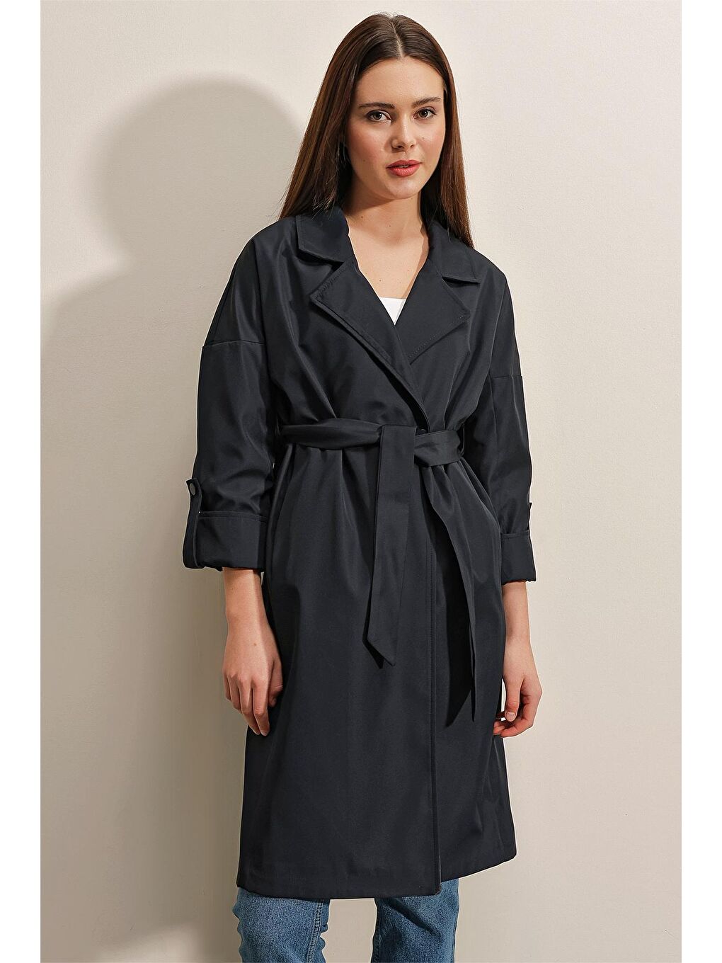 9104 Kruvaze Yaka Astarlı Trençkot - Lacivert-2