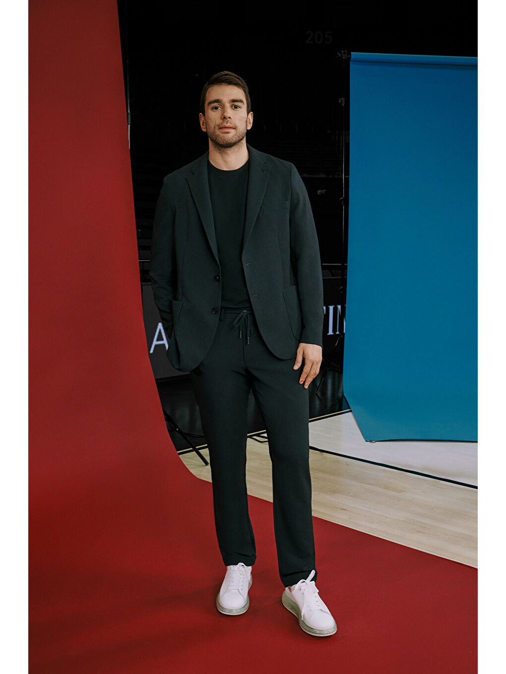 Erkek Lacivert Slim Fit Dar Kesim Mono Yaka Beli Bağlamalı Çizgili Torba Cepli Takım Elbise-3