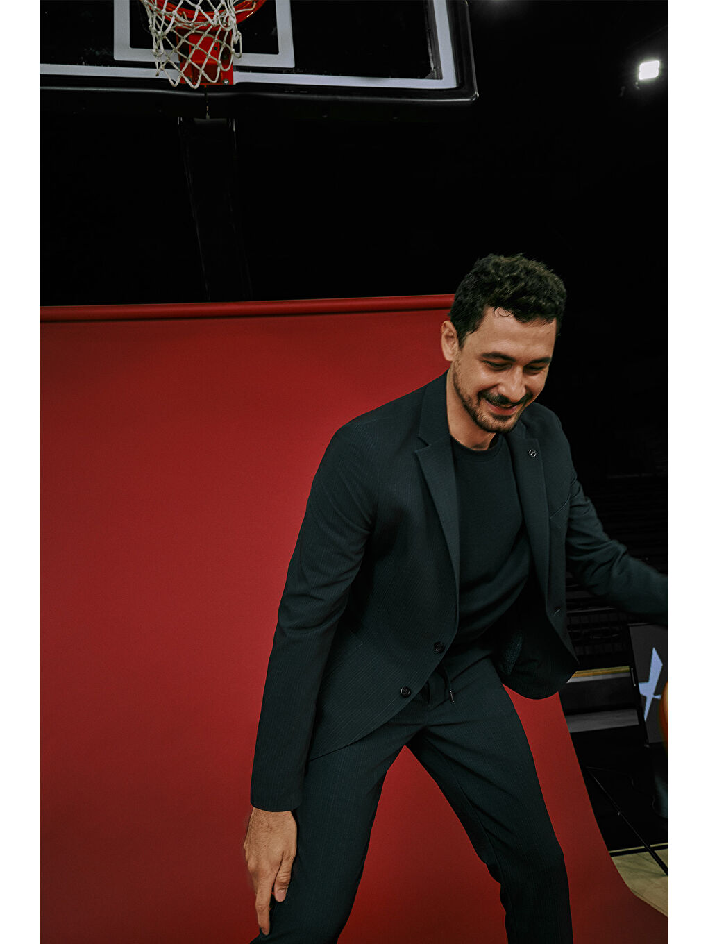 Erkek Lacivert Slim Fit Dar Kesim Mono Yaka Beli Bağlamalı Çizgili Torba Cepli Takım Elbise-4