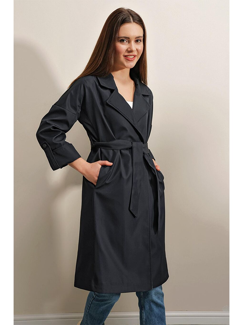 9104 Kruvaze Yaka Astarlı Trençkot - Lacivert-3