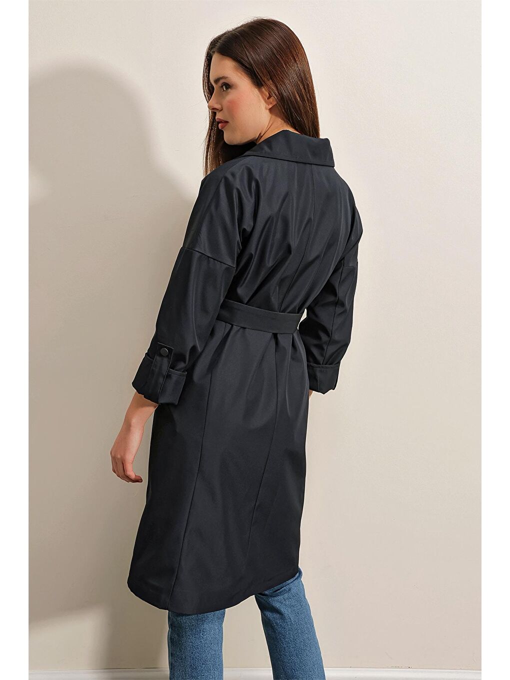 9104 Kruvaze Yaka Astarlı Trençkot - Lacivert-4