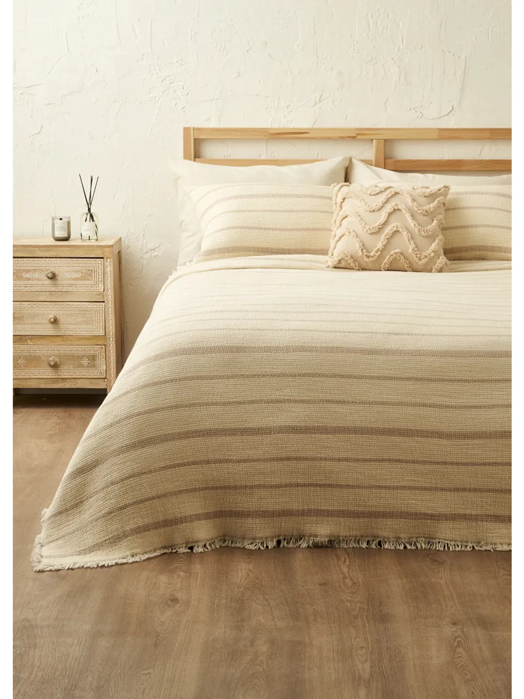 Ekru %100 Pamuk Bahama Müslin Dolgulu Çok Amaçlı Çift Kişilik Yatak Örtüsü Seti Krem (230x250 cm)