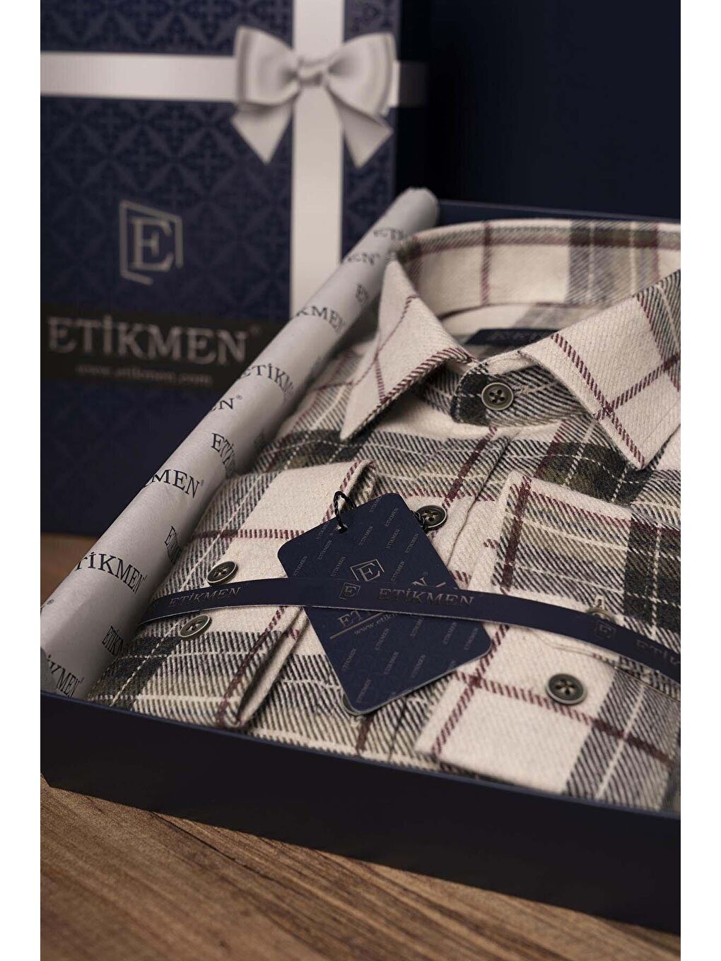 Ekru Krem Yeşil Desenli Slimfit %100 Pamuk Erkek Oduncu Gömlek-1