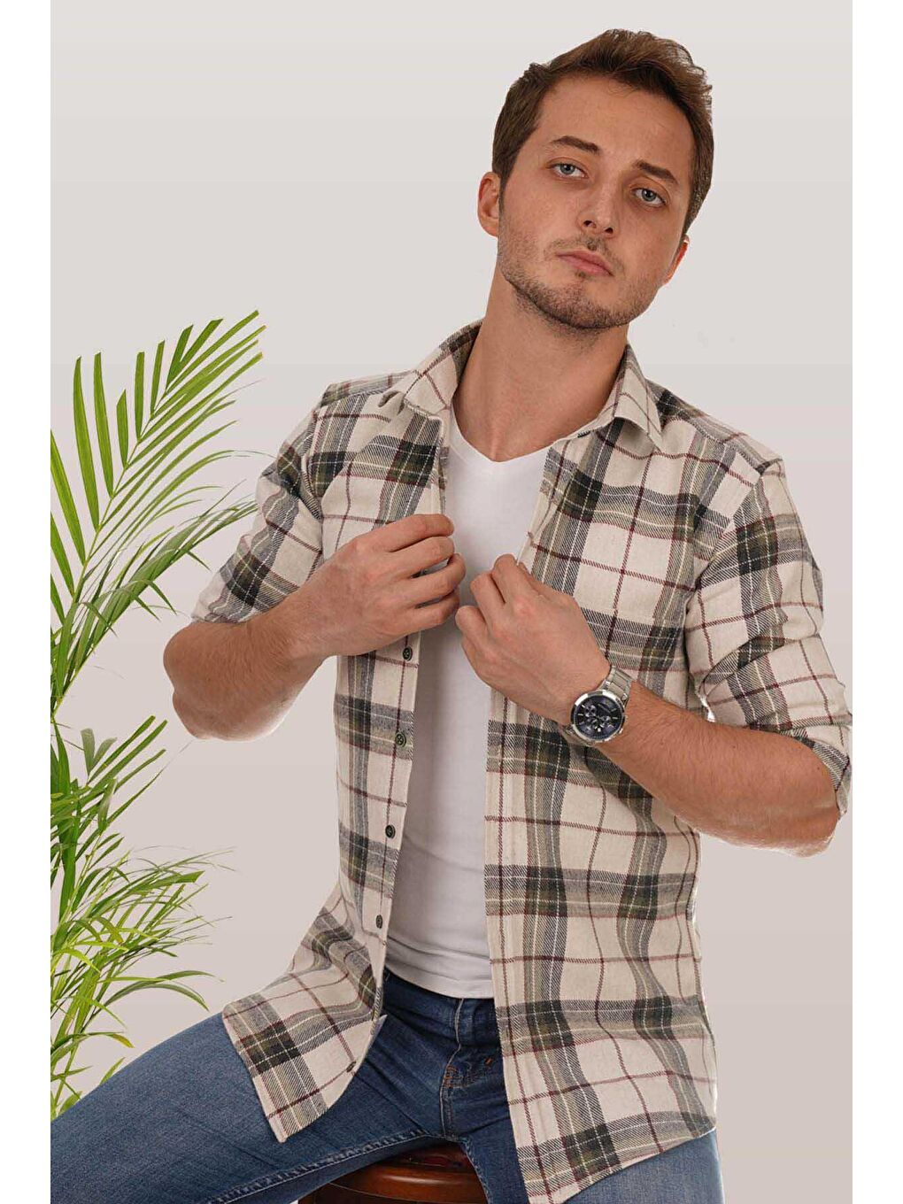 Ekru Krem Yeşil Desenli Slimfit %100 Pamuk Erkek Oduncu Gömlek-2