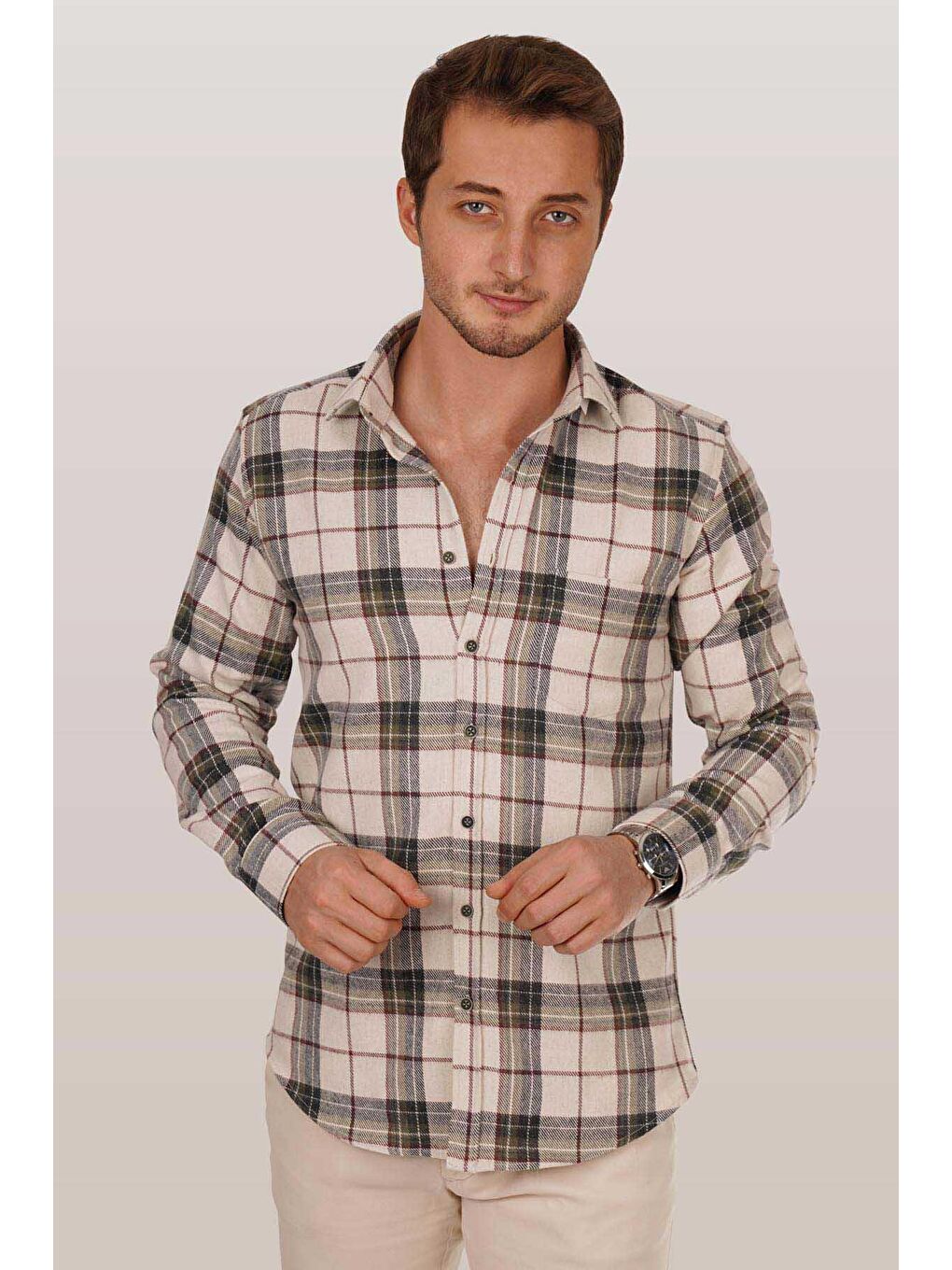 Ekru Krem Yeşil Desenli Slimfit %100 Pamuk Erkek Oduncu Gömlek-3