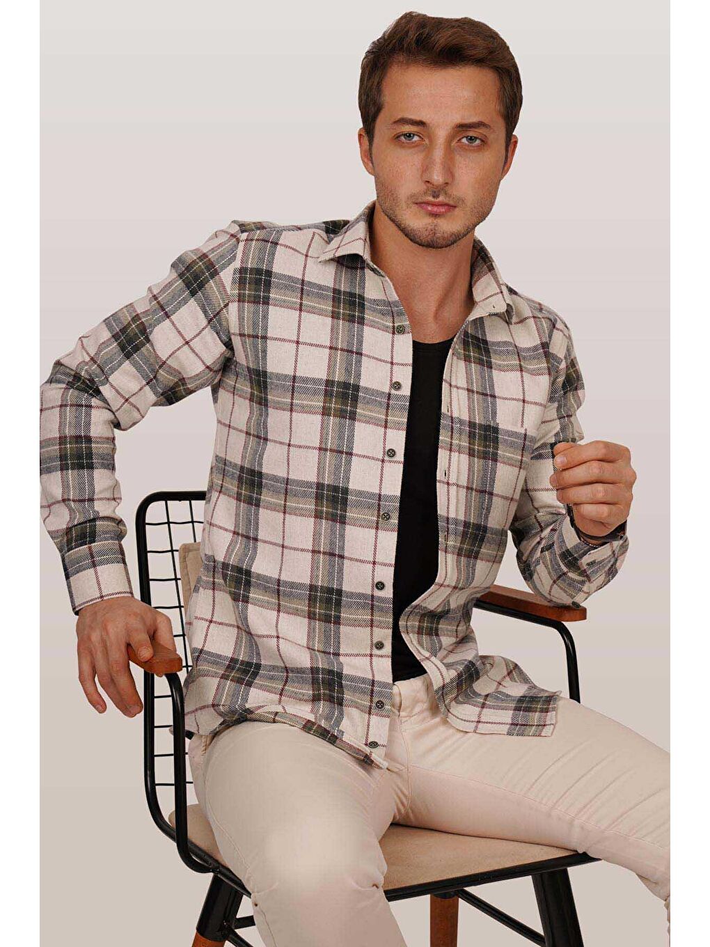 Ekru Krem Yeşil Desenli Slimfit %100 Pamuk Erkek Oduncu Gömlek-5