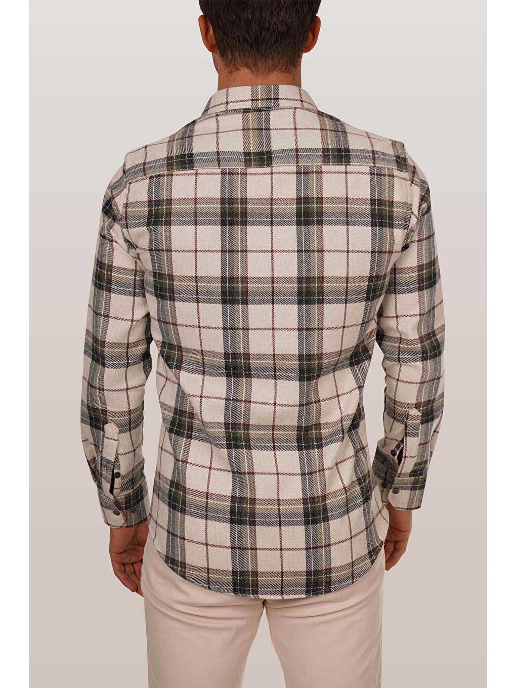 Ekru Krem Yeşil Desenli Slimfit %100 Pamuk Erkek Oduncu Gömlek-6