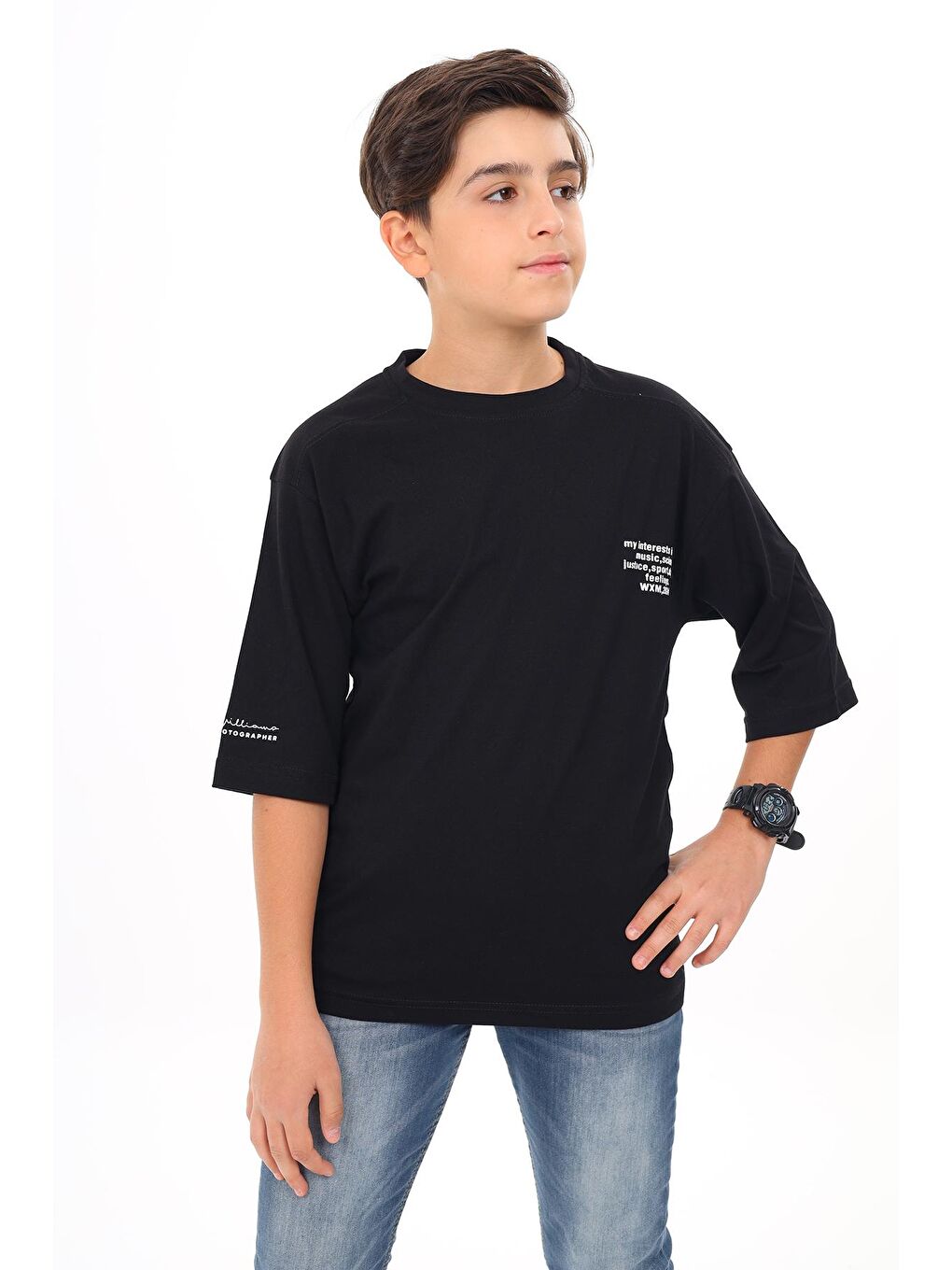 Siyah Erkek Çocuk Yazı Baskılı Basic T-Shirt 9-14 Yaş Lx7073