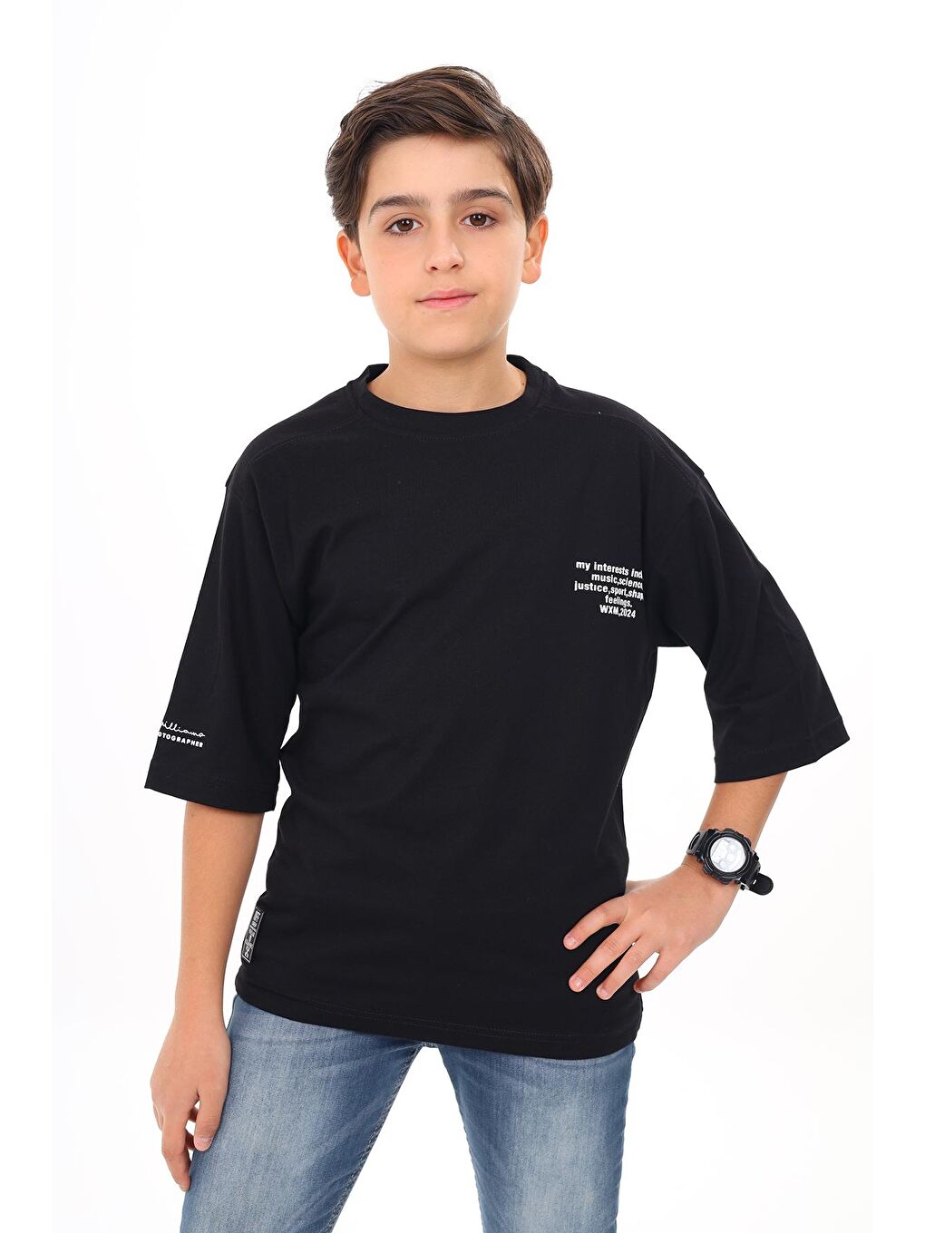 Siyah Erkek Çocuk Yazı Baskılı Basic T-Shirt 9-14 Yaş Lx7073-1