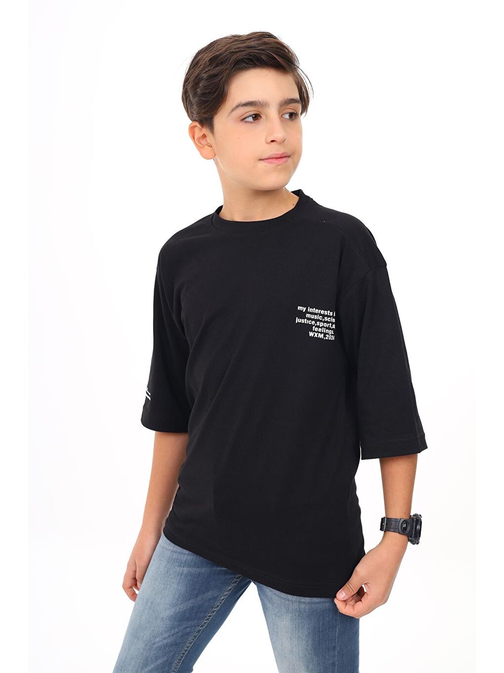 Siyah Erkek Çocuk Yazı Baskılı Basic T-Shirt 9-14 Yaş Lx7073-2