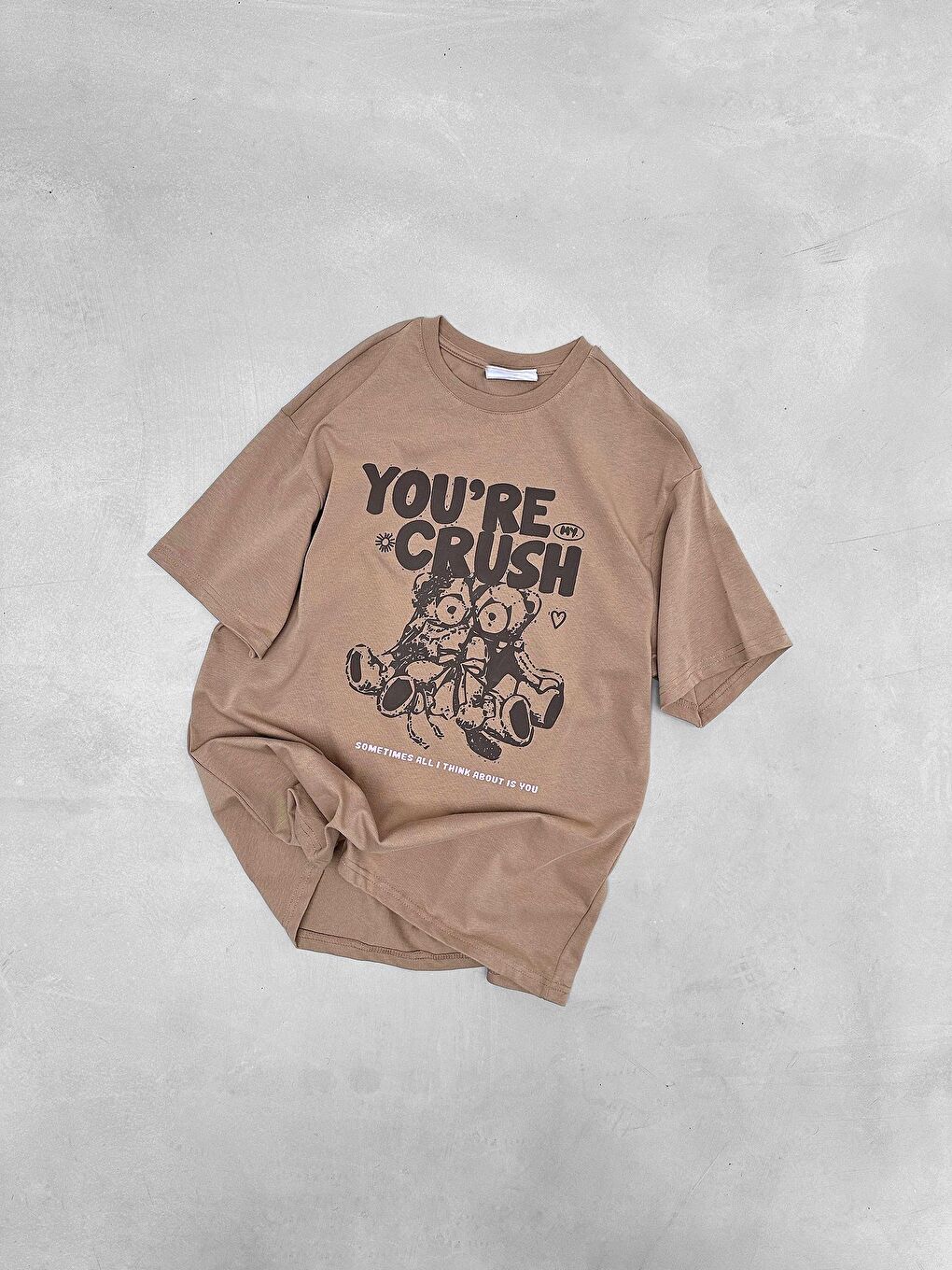 ablukaonline Kahverengi Erkek You're Crush Baskılı Oversize T-Shirt Açık Kahve