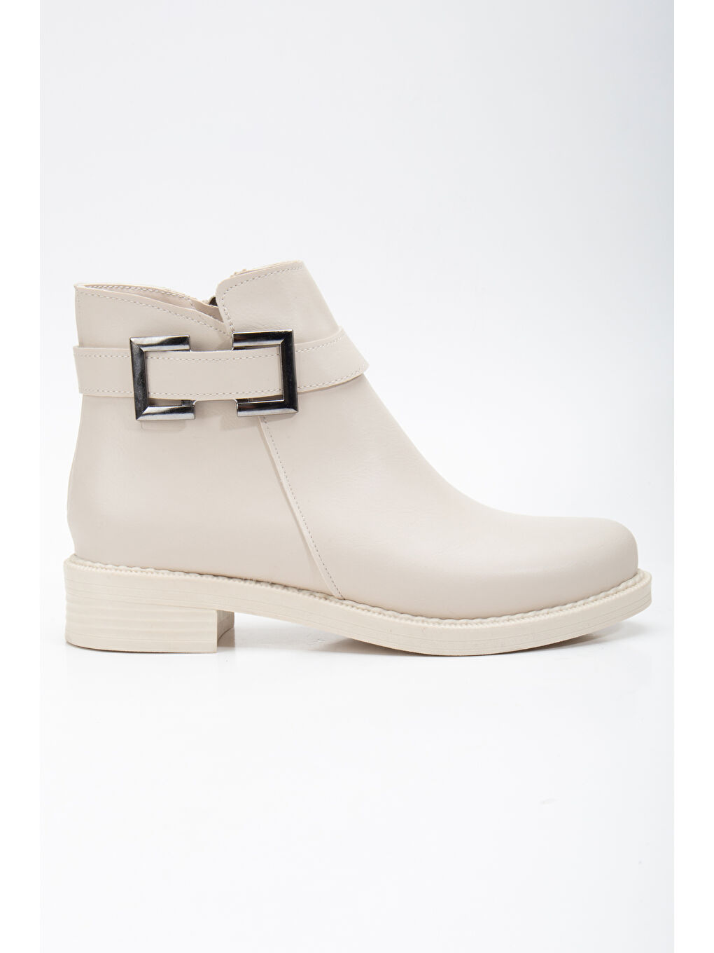 Bej Kadın Ten Cilt Termo Taban Tokalı Fermuarlı Kısa Topuklu Bot