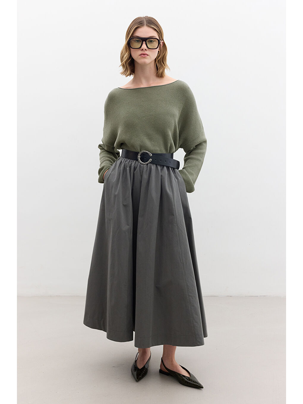 Katy Gabardin Büzgülü Etek Haki-1