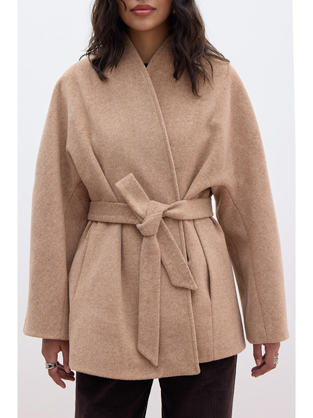 Kahverengi Kimono Tarzı Kaşe Kaban Tarçın-2