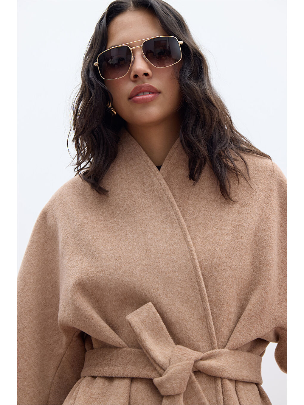 Kahverengi Kimono Tarzı Kaşe Kaban Tarçın-3