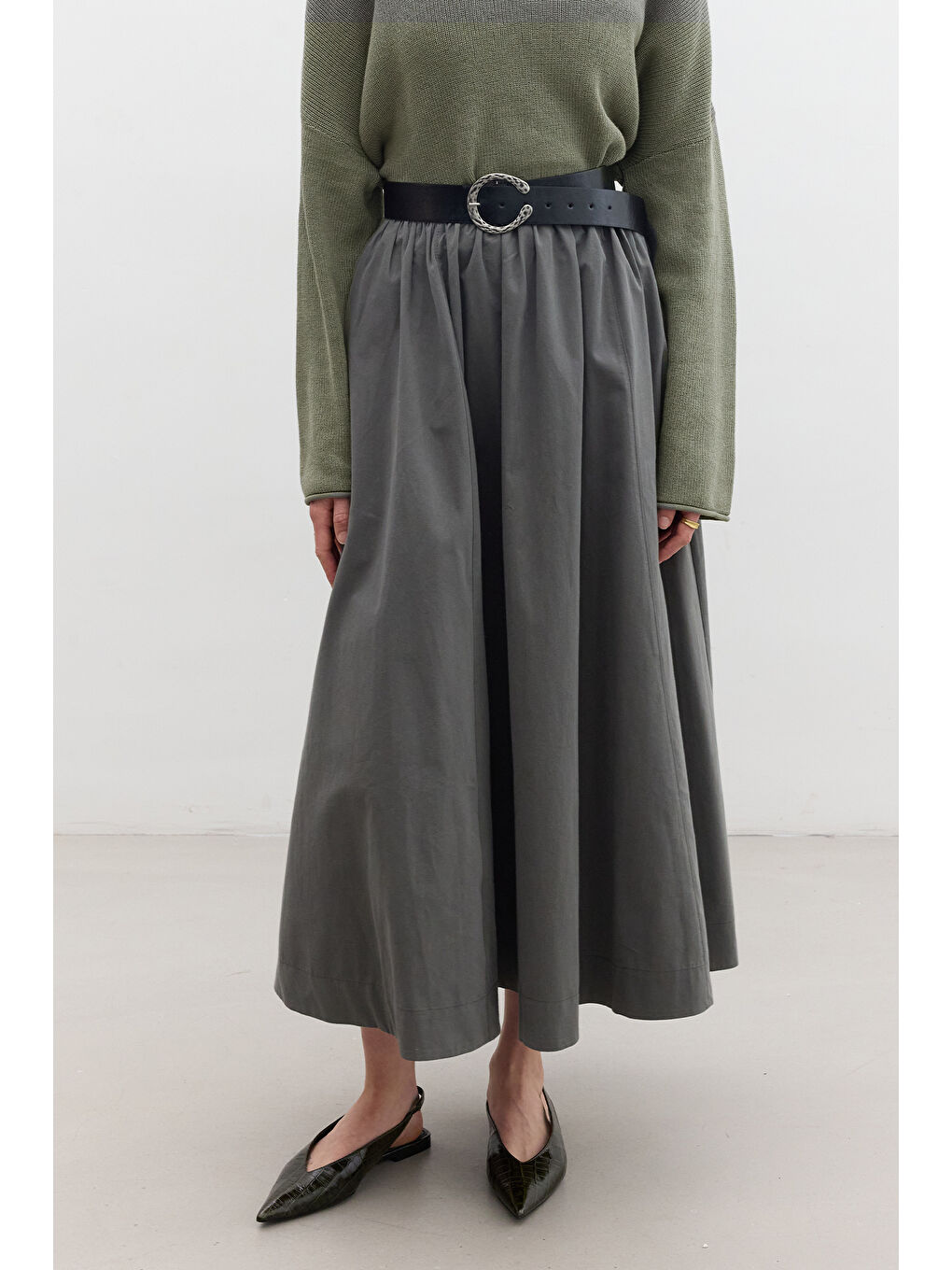 Katy Gabardin Büzgülü Etek Haki-2