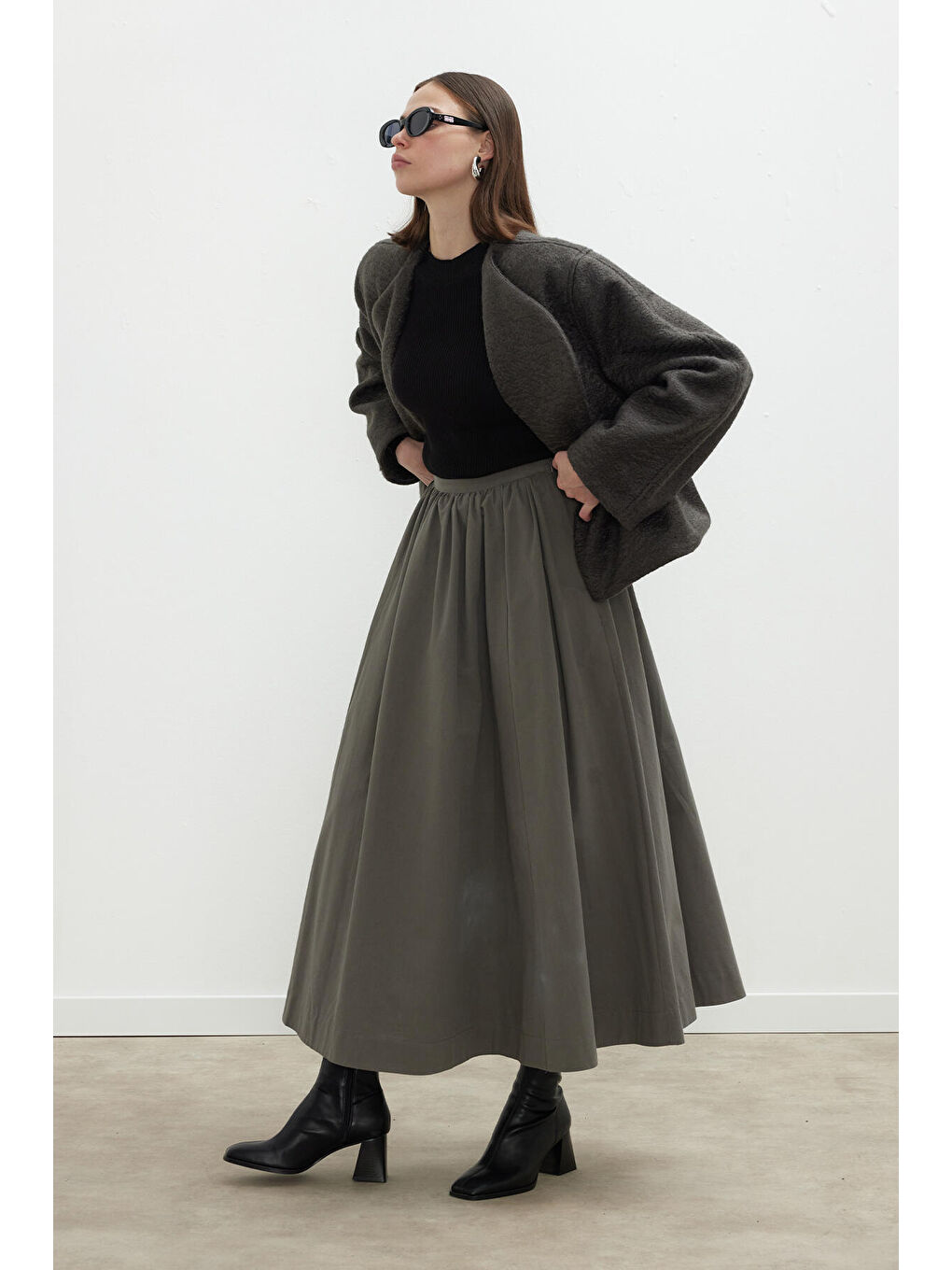 Katy Gabardin Büzgülü Etek Haki-3