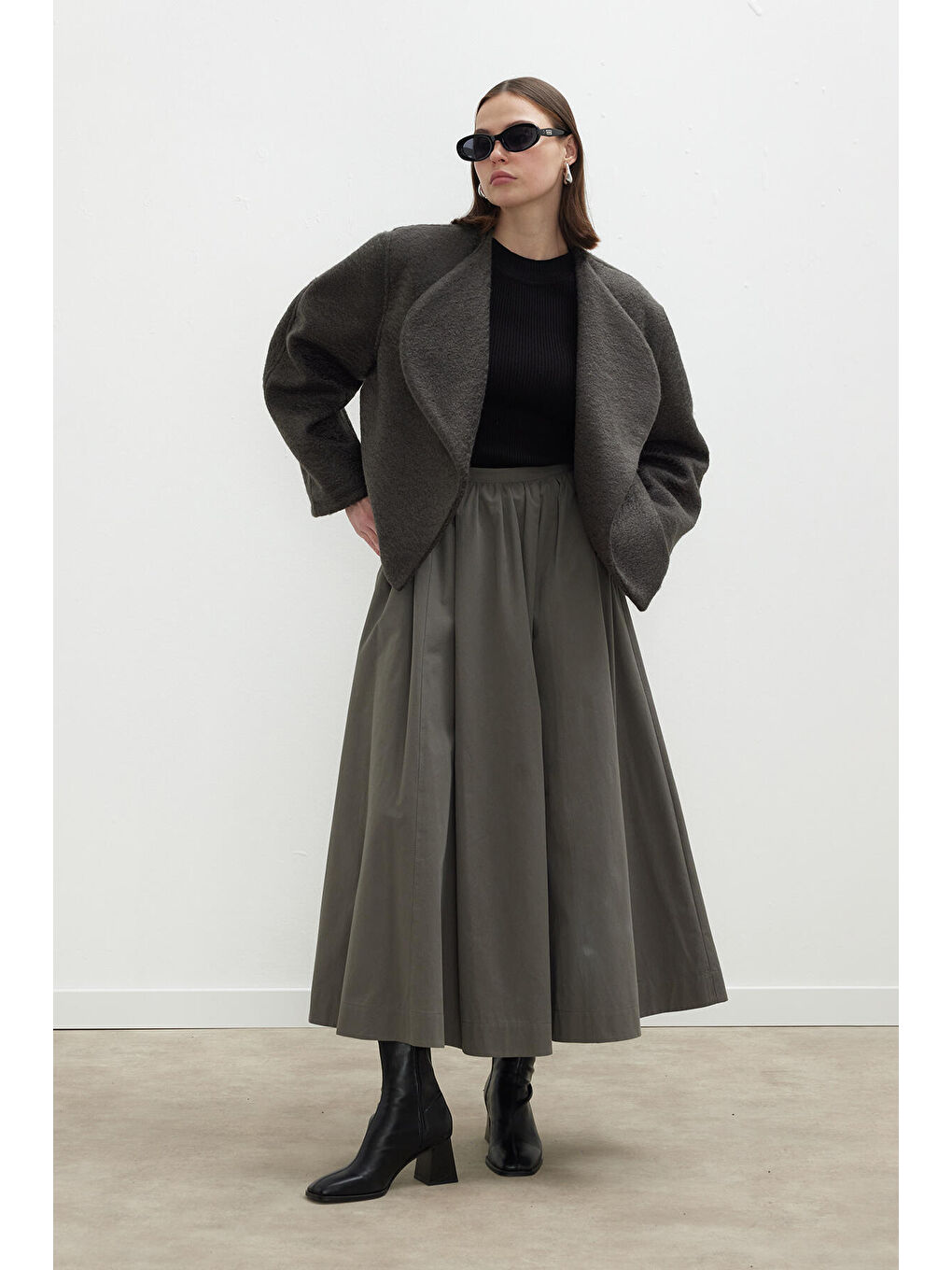 Katy Gabardin Büzgülü Etek Haki-4