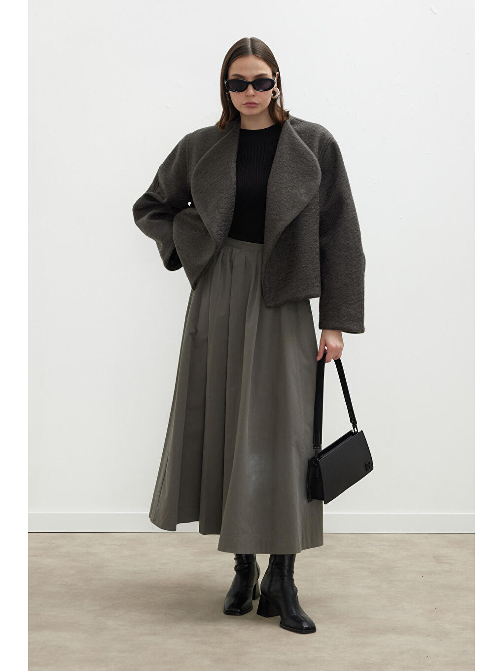 Katy Gabardin Büzgülü Etek Haki-5