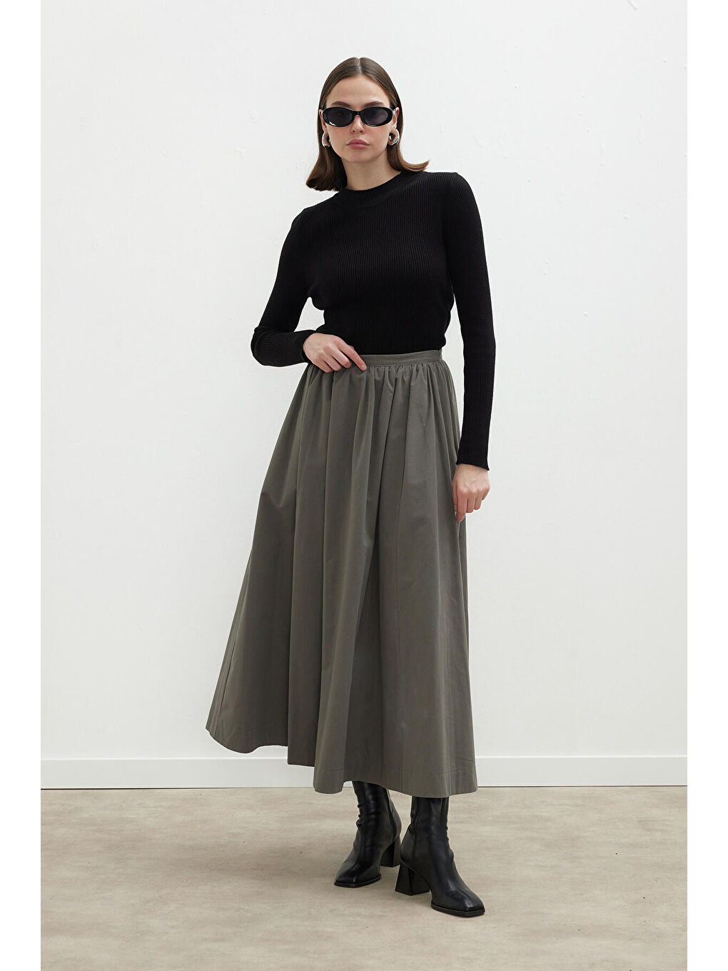 Katy Gabardin Büzgülü Etek Haki-6