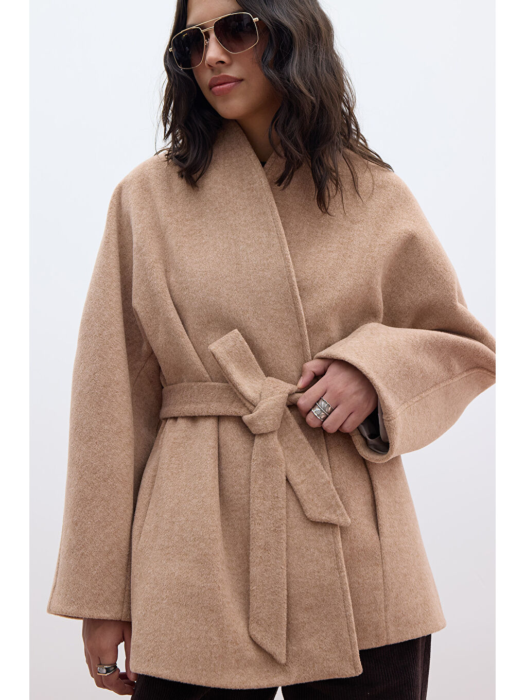 Kahverengi Kimono Tarzı Kaşe Kaban Tarçın-6