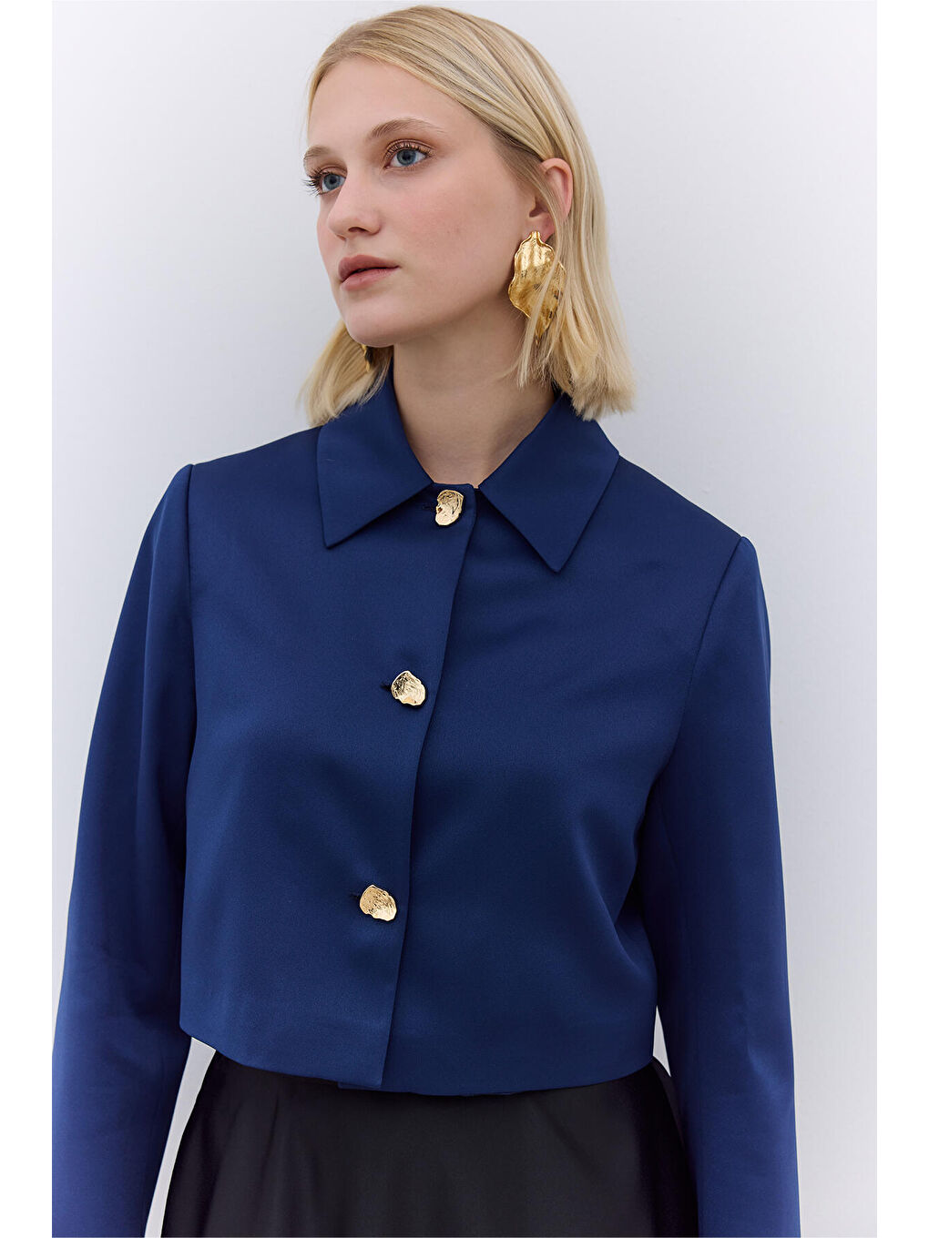 Saten Kısa Blazer Ceket Gece Mavisi