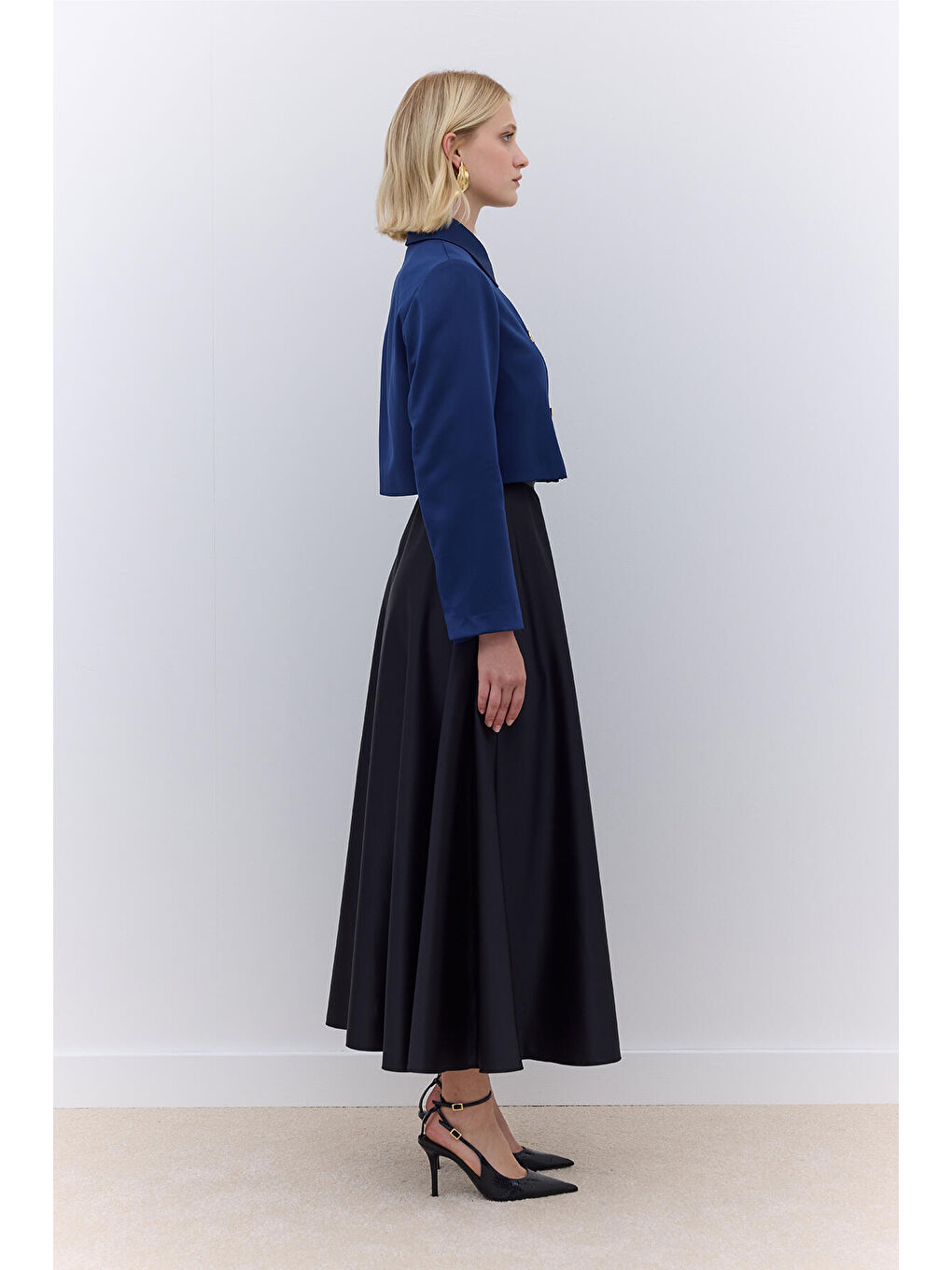 Saten Kısa Blazer Ceket Gece Mavisi-1