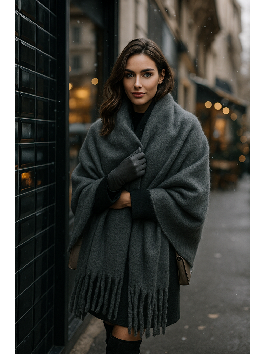 Kadın Antrasit Püsküllü İthal Atkı-Şal SAL1295-2