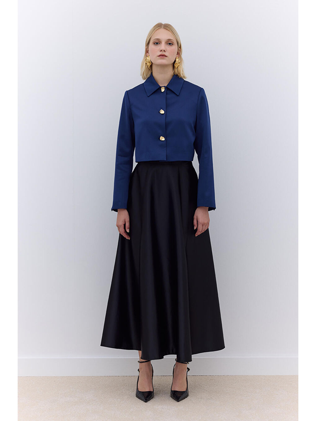 Saten Kısa Blazer Ceket Gece Mavisi-2