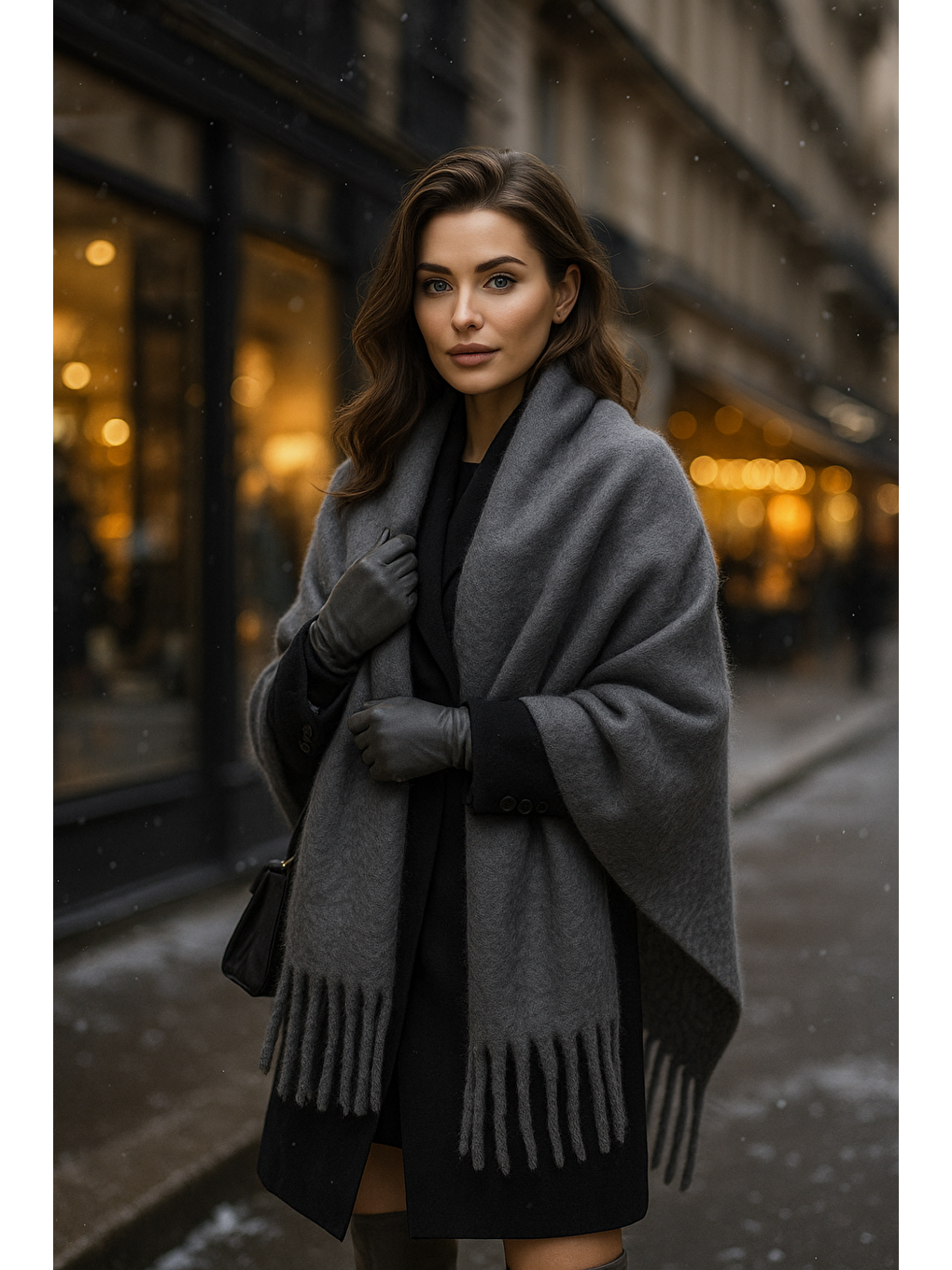 Kadın Antrasit Püsküllü İthal Atkı-Şal SAL1295-3