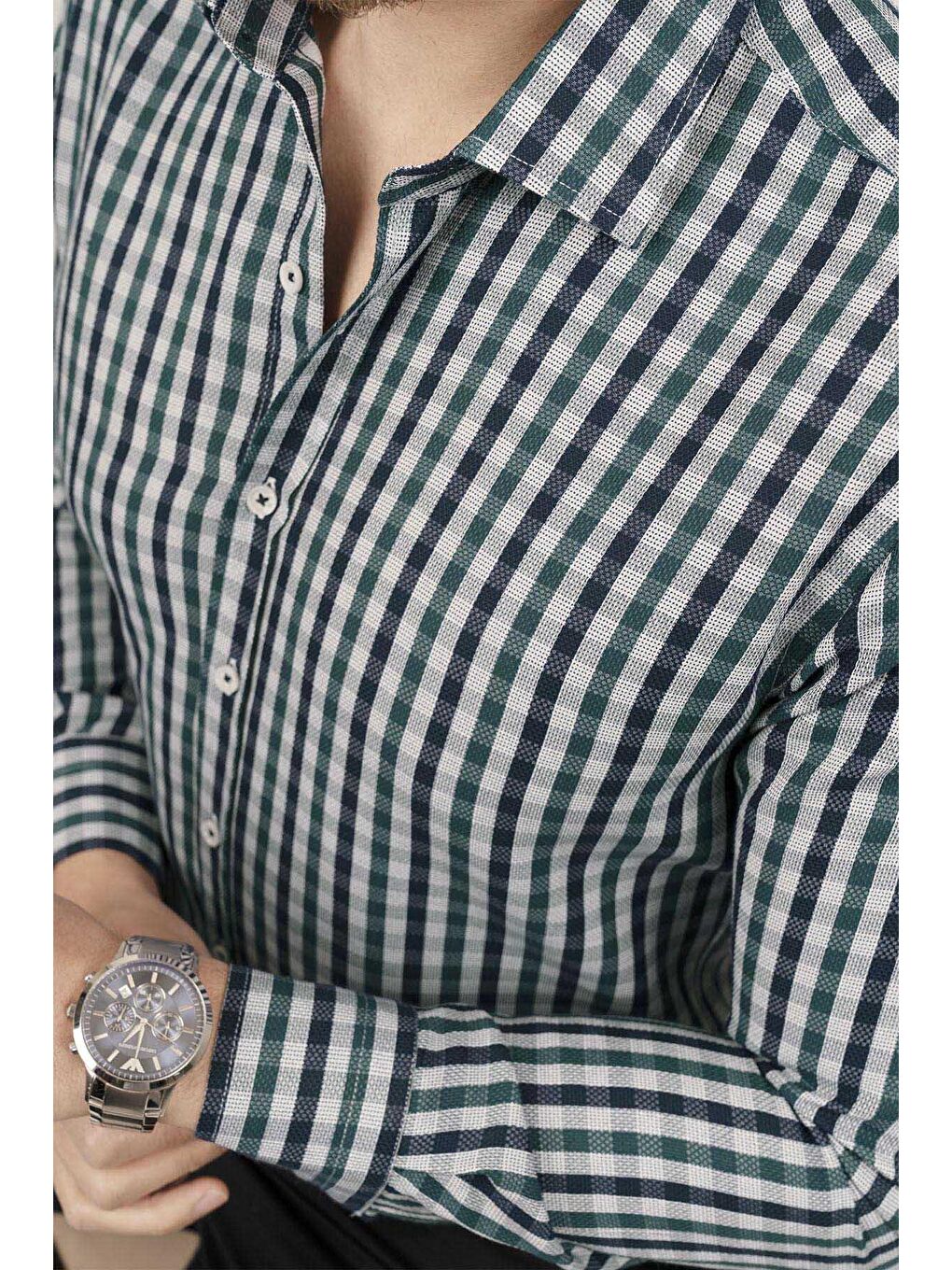 Yeşil Lacivert Kareli Slimfit Erkek %100 Pamuk Gömlek