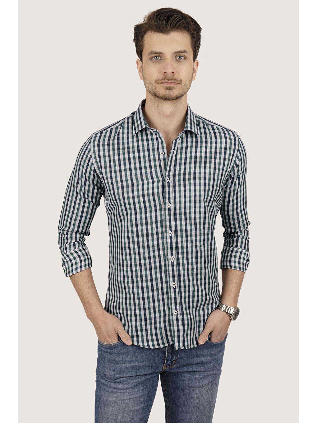 Yeşil Lacivert Kareli Slimfit Erkek %100 Pamuk Gömlek-1