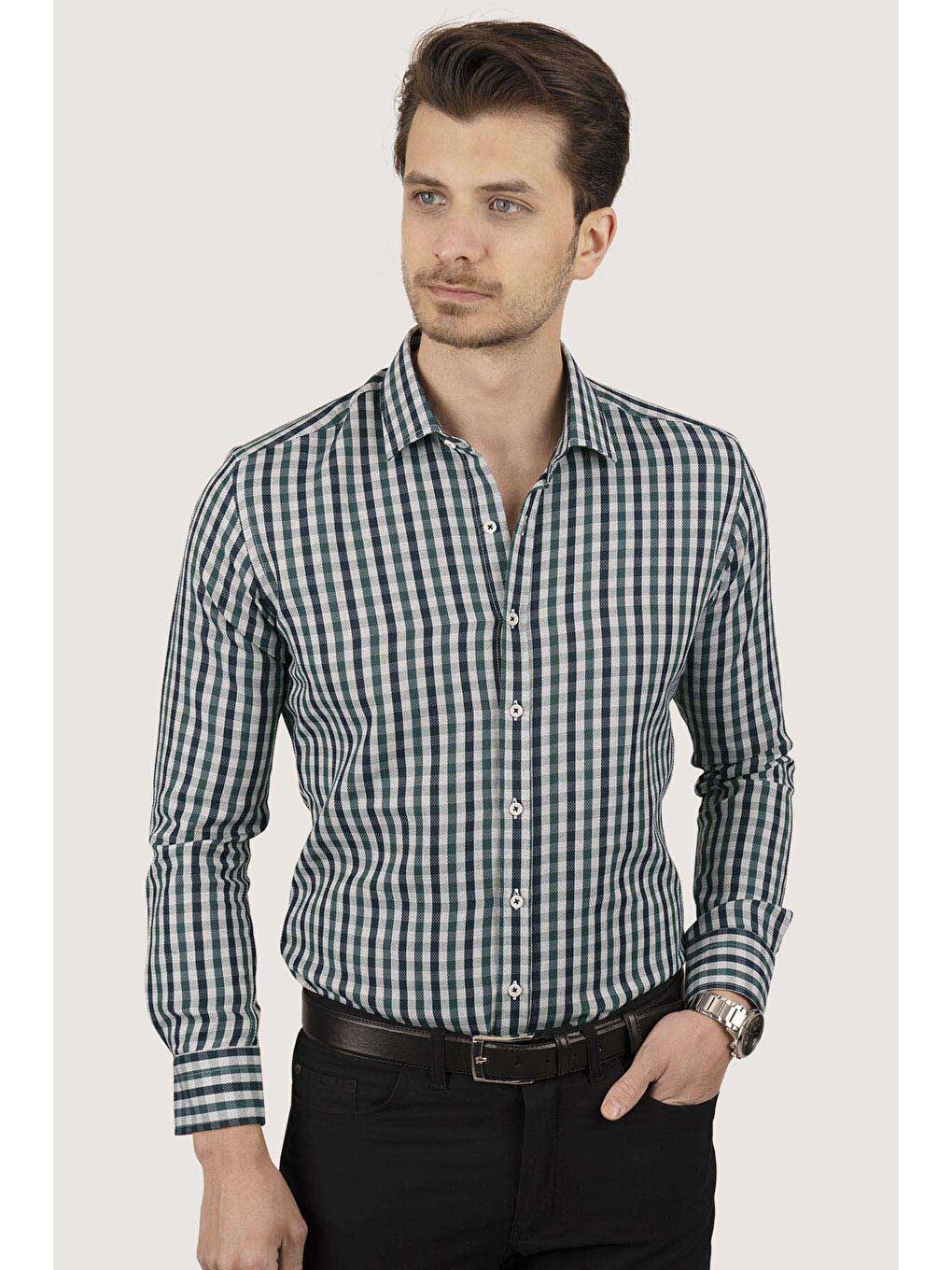 Yeşil Lacivert Kareli Slimfit Erkek %100 Pamuk Gömlek-2