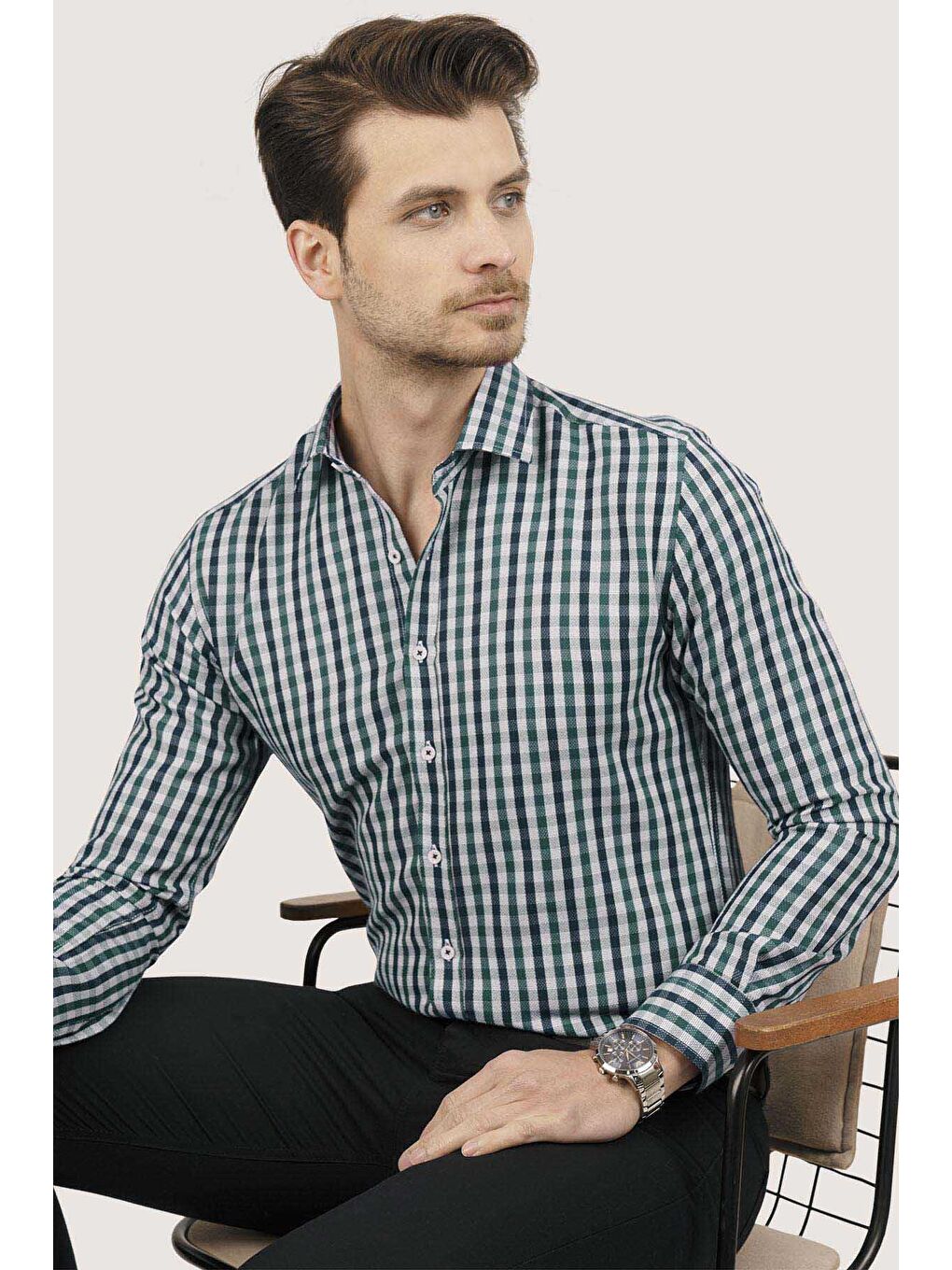 Yeşil Lacivert Kareli Slimfit Erkek %100 Pamuk Gömlek-4