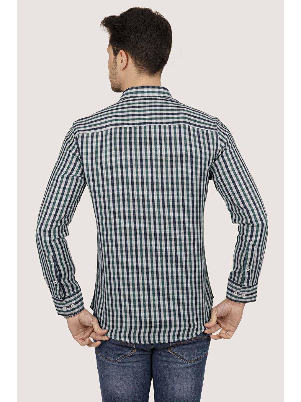 Yeşil Lacivert Kareli Slimfit Erkek %100 Pamuk Gömlek-5