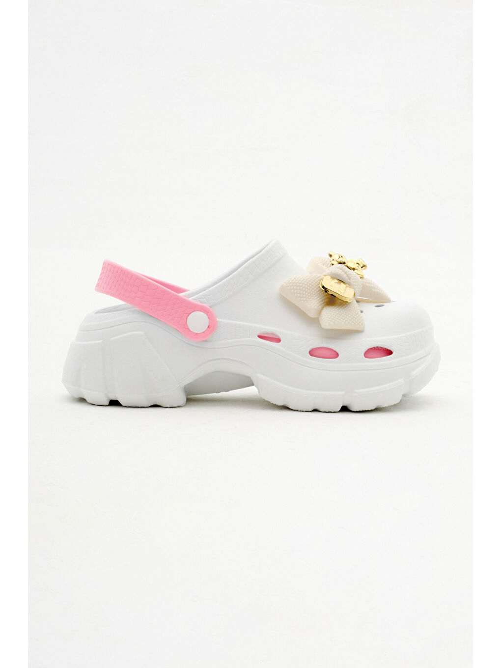 Kadın Beyaz Pembe Çıkartılabilir Taban Fiyonk Tokalı Yüksek Taban Eva Sandalet