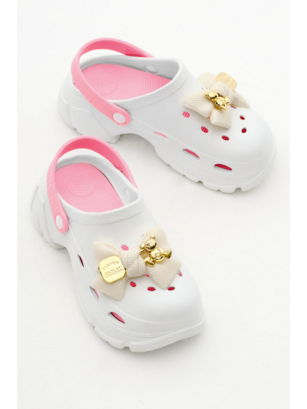 Kadın Beyaz Pembe Çıkartılabilir Taban Fiyonk Tokalı Yüksek Taban Eva Sandalet-2