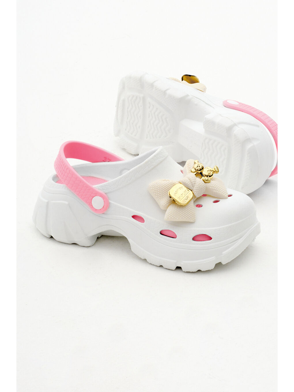 Kadın Beyaz Pembe Çıkartılabilir Taban Fiyonk Tokalı Yüksek Taban Eva Sandalet-3