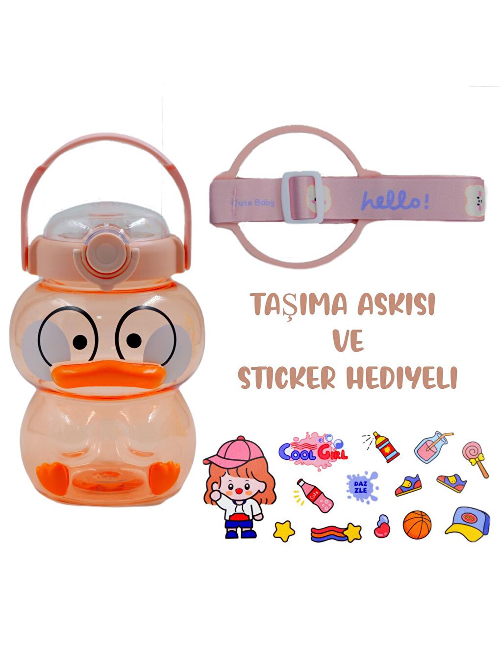 BottleBoss Pembe Pipetli Taşıma Askılı Sevimli Ördek Matara 1 Litre Sticker HEDİYELİ Pembe - 1