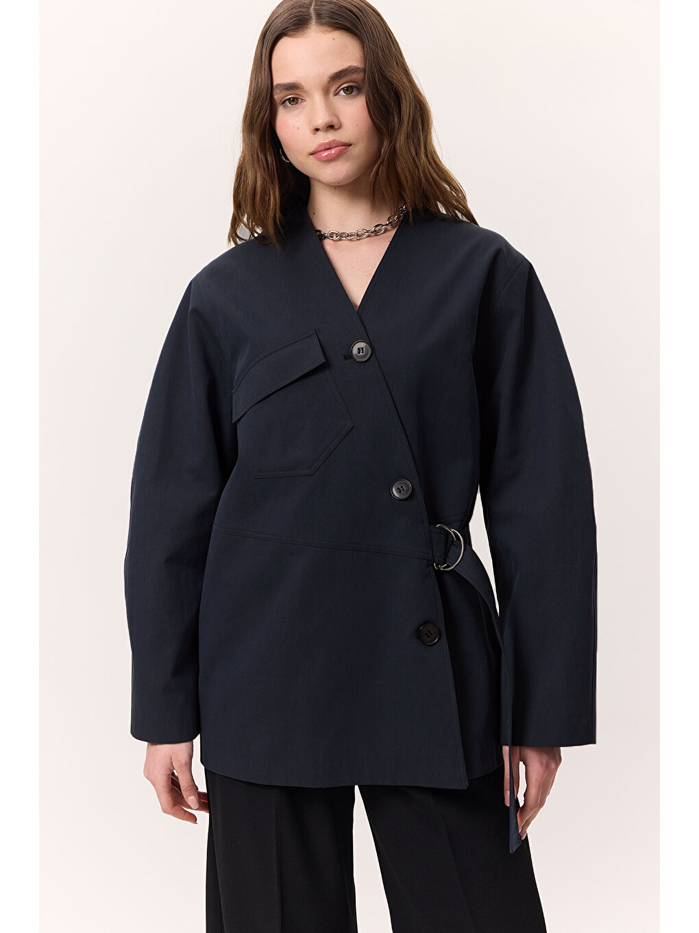 Toka Detaylı Kruvaze Tasarım Ceket Lacivert-2