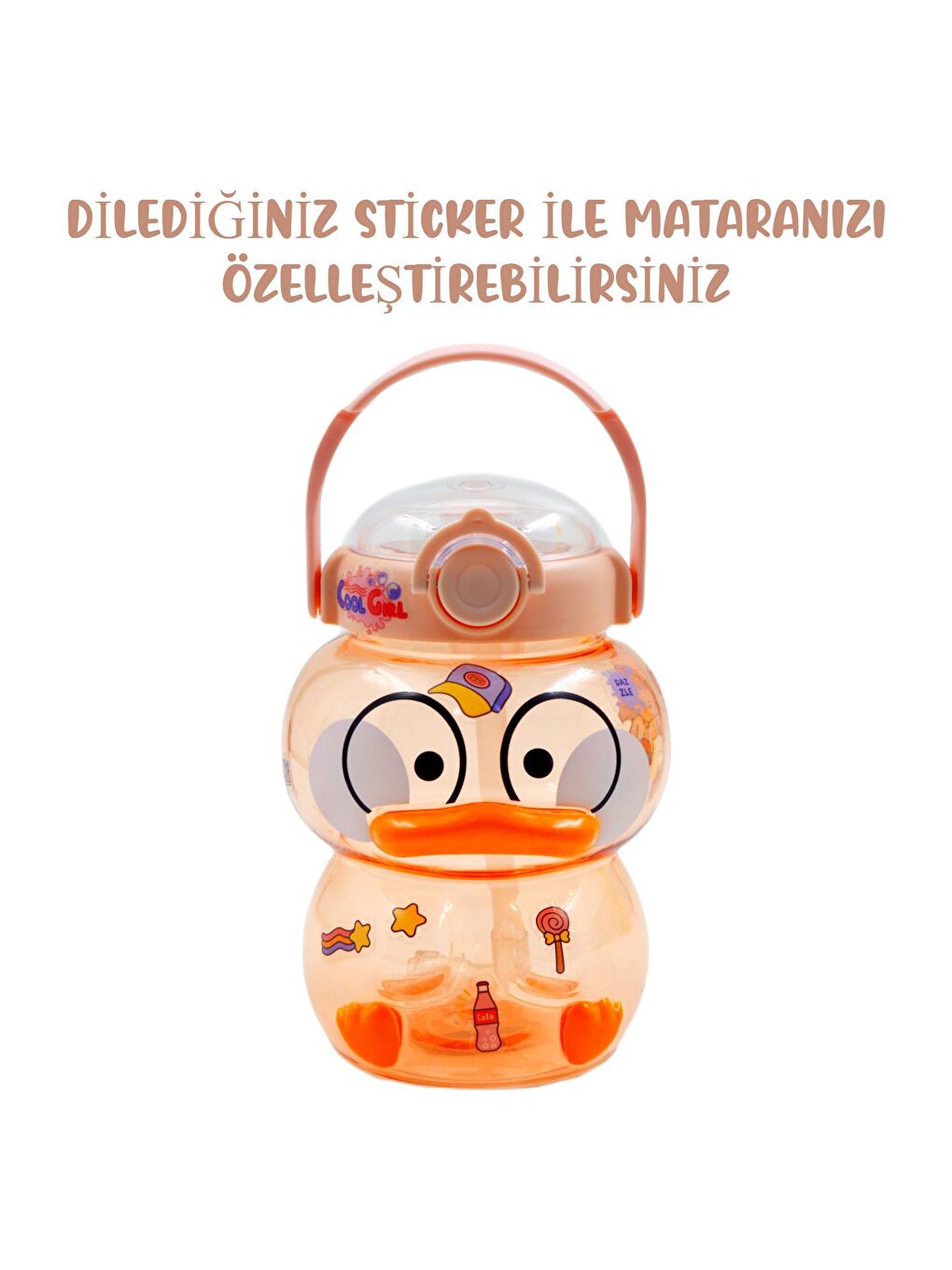 BottleBoss Pembe Pipetli Taşıma Askılı Sevimli Ördek Matara 1 Litre Sticker HEDİYELİ Pembe - 4